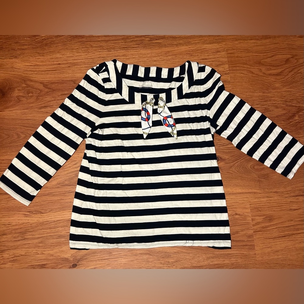 Talbots Womens Navy and White Striped Long Sleeve Tee with necktie, Size Large